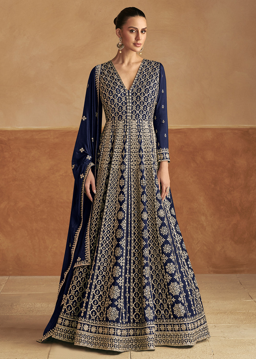 Buy Now Navy Blue Front & Back Embroidery Wedding Anarkali Suit Online in USA, UK, Sweden, Denmark, Italy, Germany, Canada, UAE & Worldwide at Empress Clothing.