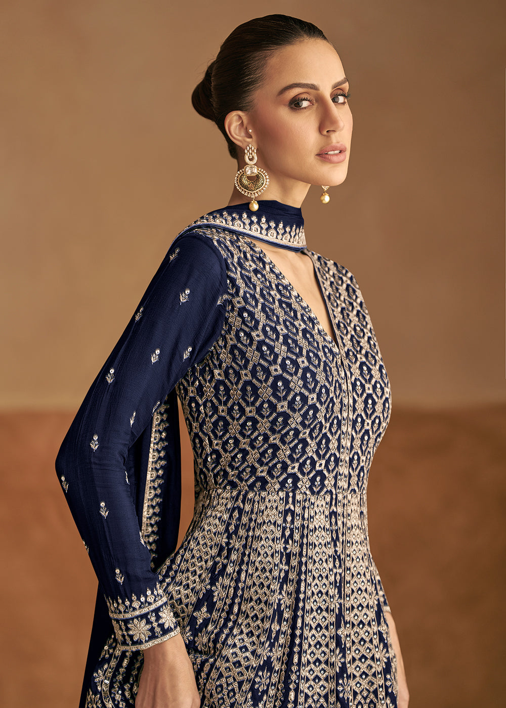 Buy Now Navy Blue Front & Back Embroidery Wedding Anarkali Suit Online in USA, UK, Sweden, Denmark, Italy, Germany, Canada, UAE & Worldwide at Empress Clothing.
