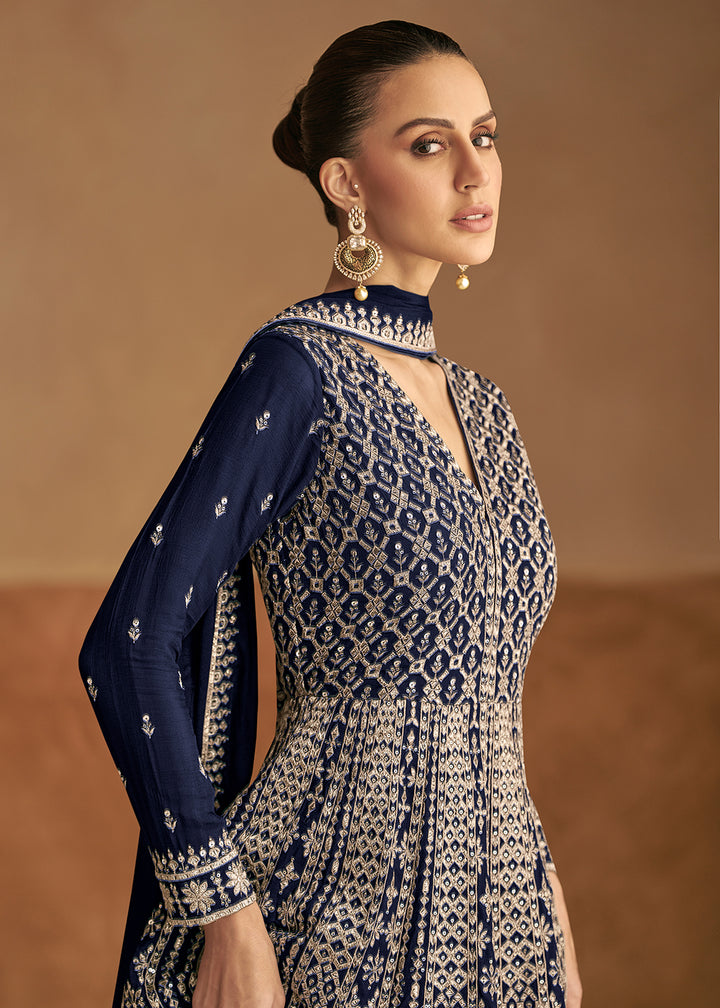 Buy Now Navy Blue Front & Back Embroidery Wedding Anarkali Suit Online in USA, UK, Sweden, Denmark, Italy, Germany, Canada, UAE & Worldwide at Empress Clothing.