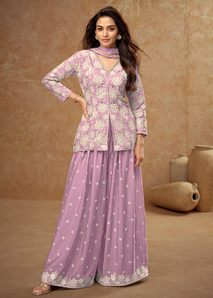 Buy Now Kurti Style Embroidered Lavender Palazzo Suit Online in Newark, Yorktown, Toronto, London, Orlando, Munich, Chicago, Denver, Utah & Worldwide at Empress