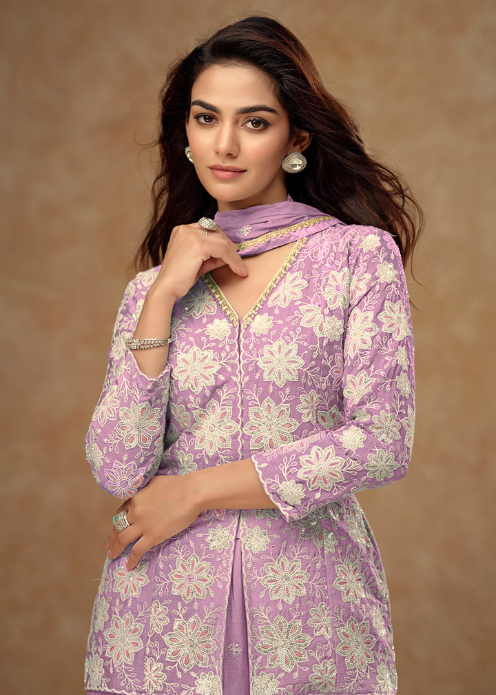 Buy Now Kurti Style Embroidered Lavender Palazzo Suit Online in Newark, Yorktown, Toronto, London, Orlando, Munich, Chicago, Denver, Utah & Worldwide at Empress