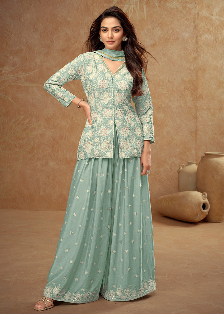 Buy Now Kurti Style Embroidered Aqua Blue Palazzo Suit Online in Newark, Yorktown, Toronto, London, Orlando, Munich, Chicago, Denver, Utah & Worldwide at Empress