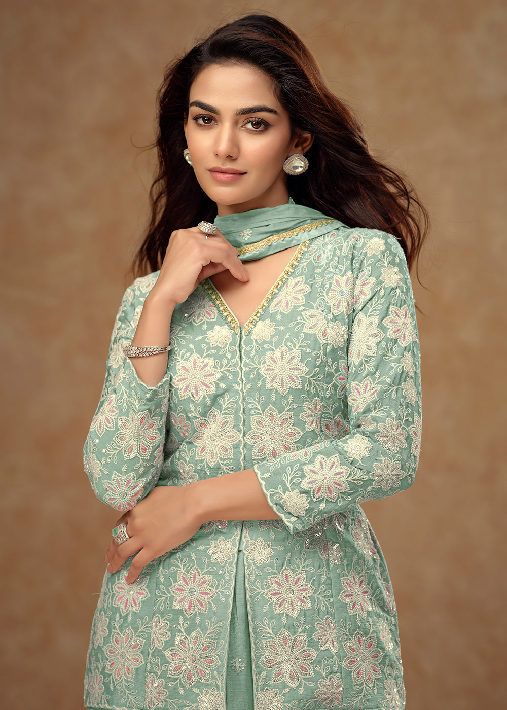 Buy Now Kurti Style Embroidered Aqua Blue Palazzo Suit Online in Newark, Yorktown, Toronto, London, Orlando, Munich, Chicago, Denver, Utah & Worldwide at Empress