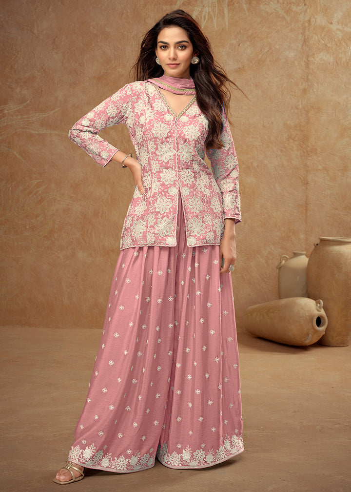 Buy Now Kurti Style Embroidered Coral Pink Palazzo Suit Online in Newark, Yorktown, Toronto, London, Orlando, Munich, Chicago, Denver & Worldwide at Empress.