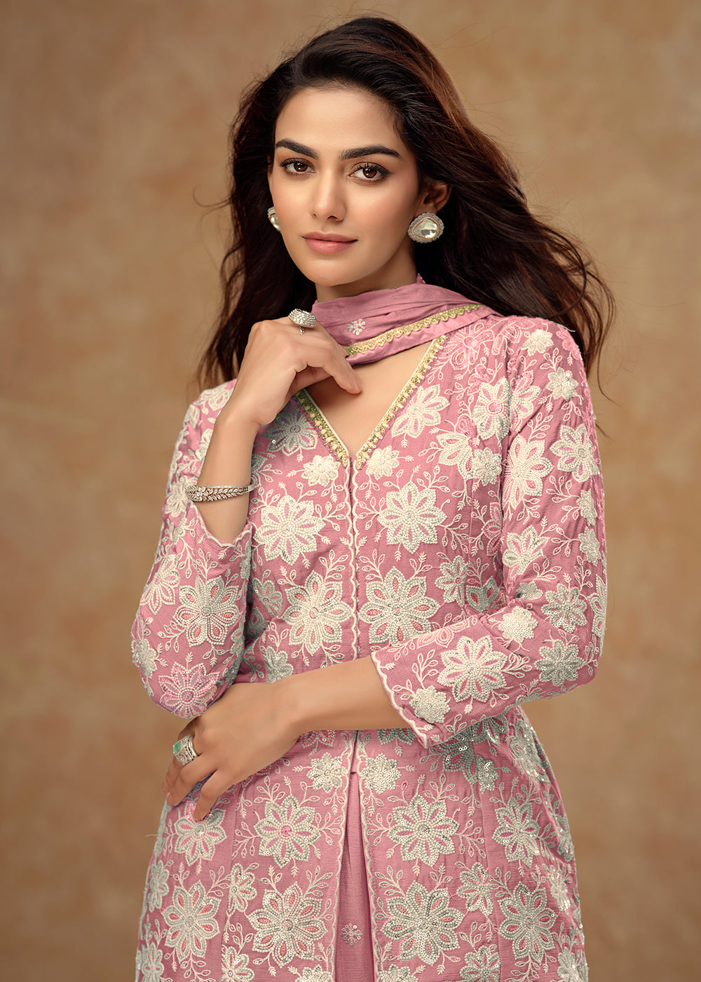 Buy Now Kurti Style Embroidered Coral Pink Palazzo Suit Online in Newark, Yorktown, Toronto, London, Orlando, Munich, Chicago, Denver & Worldwide at Empress.