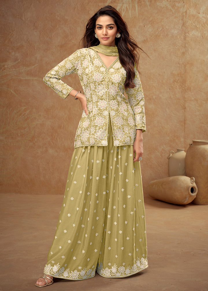 Buy Now Kurti Style Embroidered Green Palazzo Suit Online in Newark, Yorktown, Toronto, London, Orlando, Munich, Chicago, Denver, Utah & Worldwide at Empress.