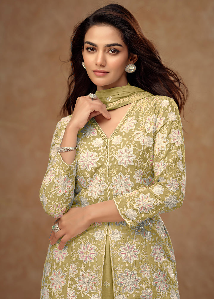 Buy Now Kurti Style Embroidered Green Palazzo Suit Online in Newark, Yorktown, Toronto, London, Orlando, Munich, Chicago, Denver, Utah & Worldwide at Empress.