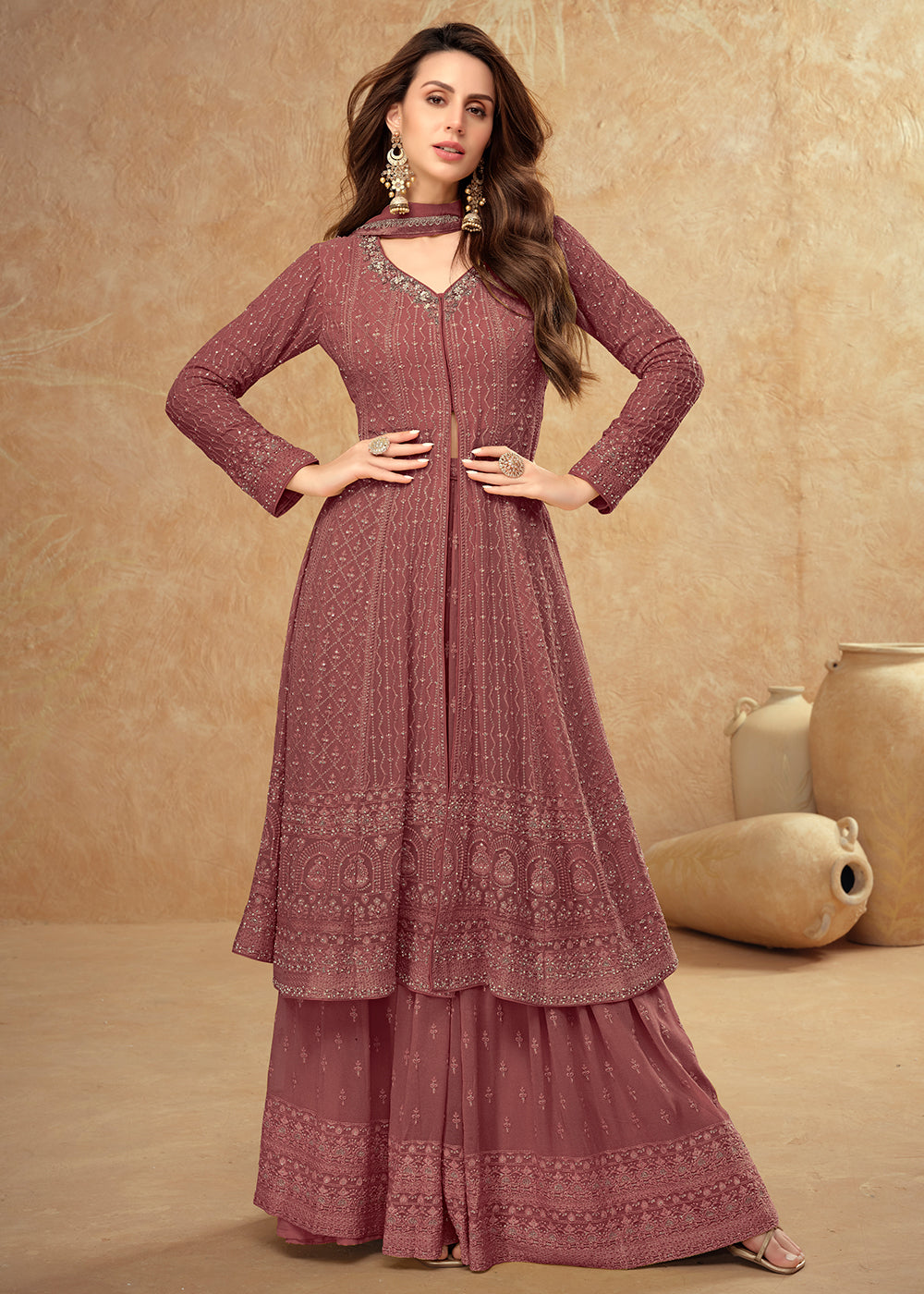 Shop Now Tempting Rosy Brown Georgette Wedding Sharara Suit Online at Empress Clothing in USA, UK, Canada, Germany, UAE & Worldwide. 