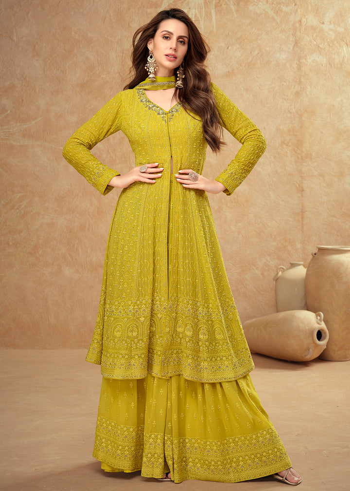 Shop Now Tempting  Yellow Georgette Wedding Sharara Suit Online at Empress Clothing in USA, UK, Canada, Germany, UAE & Worldwide. 