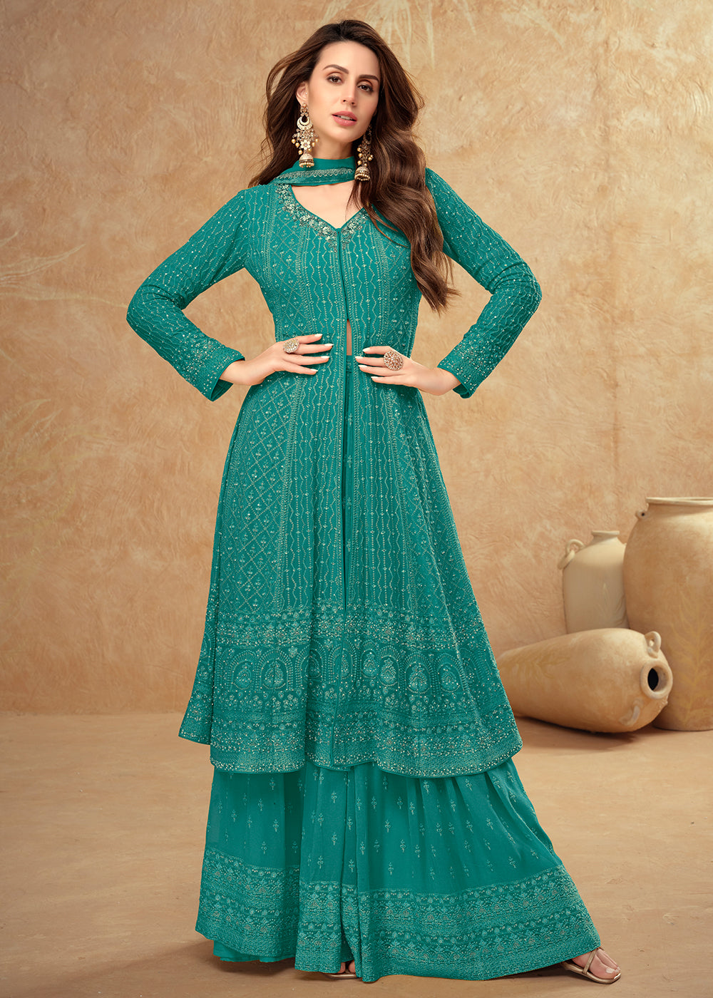 Shop Now Tempting Peacock Blue Georgette Wedding Sharara Suit Online at Empress Clothing in USA, UK, Canada, Germany, UAE & Worldwide. 