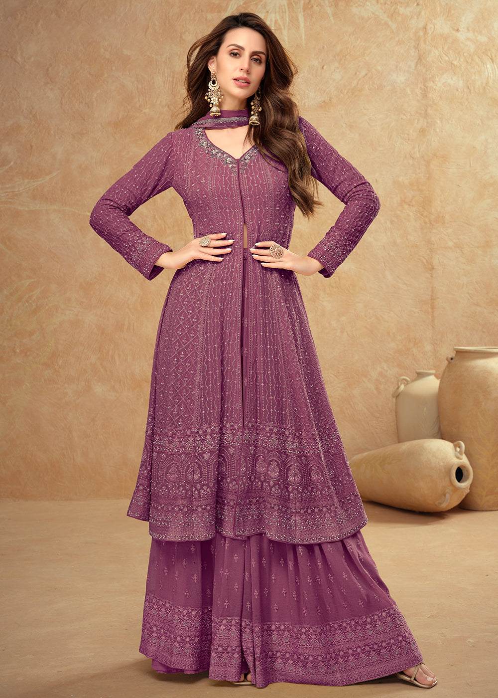 Shop Now Tempting Purple Georgette Wedding Sharara Suit Online at Empress Clothing in USA, UK, Canada, Germany, UAE & Worldwide.