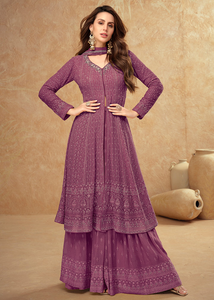 Shop Now Tempting Purple Georgette Wedding Sharara Suit Online at Empress Clothing in USA, UK, Canada, Germany, UAE & Worldwide.