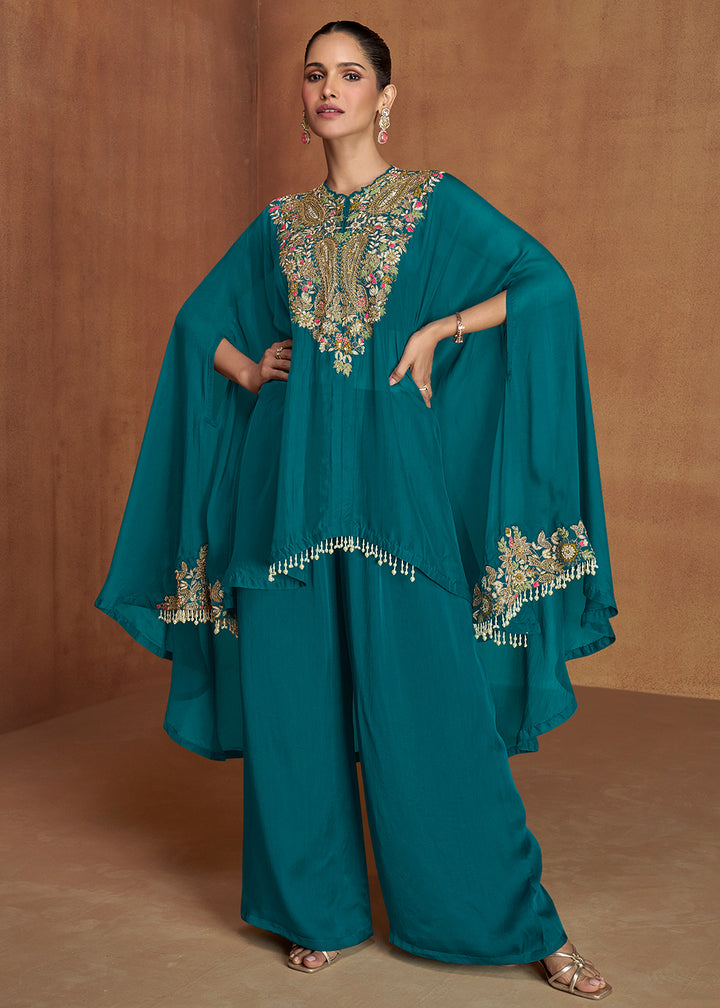 Buy Now Rama Green Embroidered Kaftan Style Palazzo Suit Online in New York, Newark, Washington, Paris, Brussels, Munich, Rome, Toronto & Worldwide at Empress.
