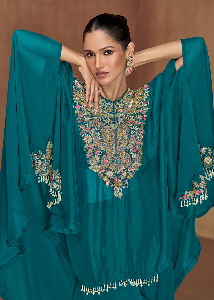Buy Now Rama Green Embroidered Kaftan Style Palazzo Suit Online in New York, Newark, Washington, Paris, Brussels, Munich, Rome, Toronto & Worldwide at Empress.