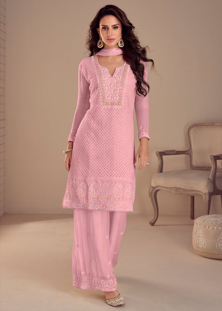 Buy Now Lovely Pink Palazzo Style Georgette Pakistani Style Suit Online in USA, UK, Canada, Germany, Italy, France, UAE & Worldwide at Empress Clothing.