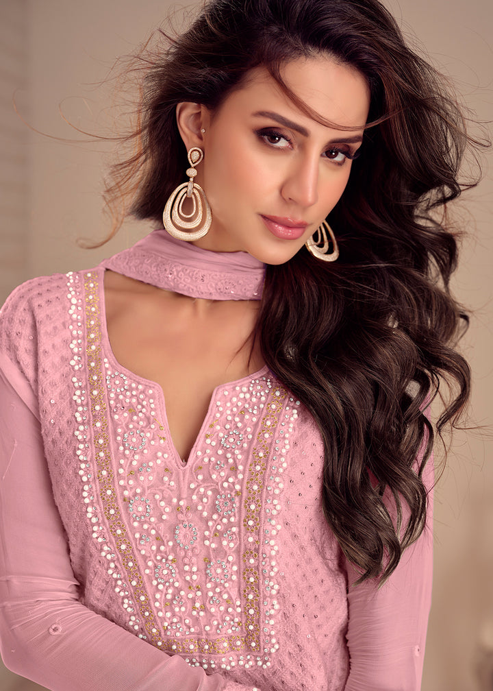Buy Now Lovely Pink Palazzo Style Georgette Pakistani Style Suit Online in USA, UK, Canada, Germany, Italy, France, UAE & Worldwide at Empress Clothing.