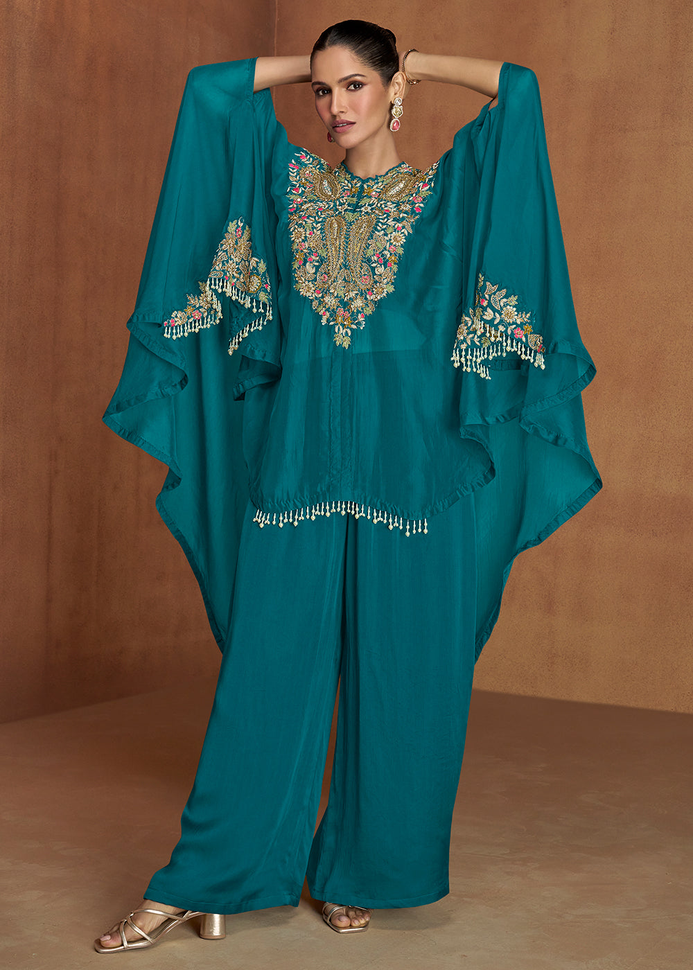 Buy Now Rama Green Embroidered Kaftan Style Palazzo Suit Online in New York, Newark, Washington, Paris, Brussels, Munich, Rome, Toronto & Worldwide at Empress.