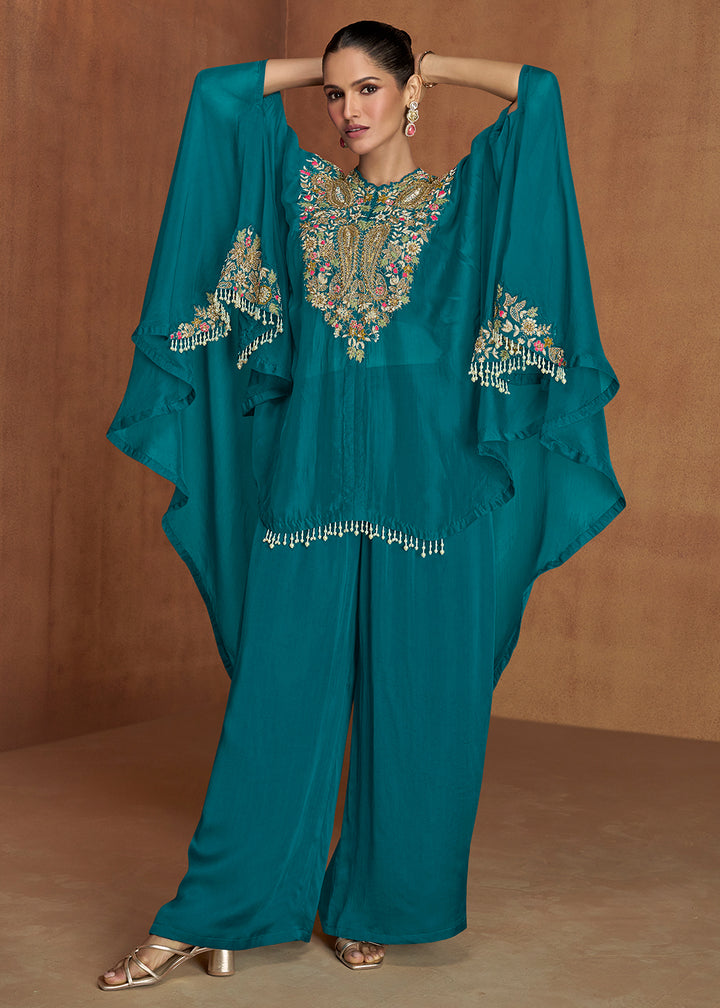 Buy Now Rama Green Embroidered Kaftan Style Palazzo Suit Online in New York, Newark, Washington, Paris, Brussels, Munich, Rome, Toronto & Worldwide at Empress.