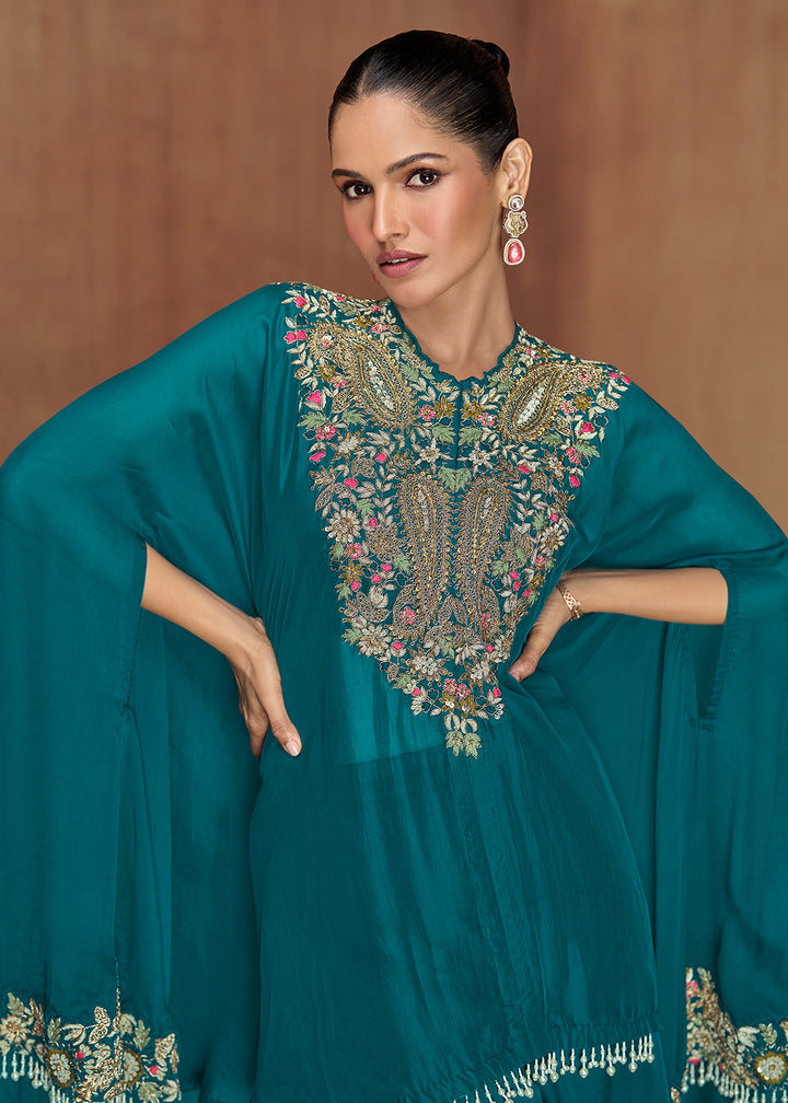Buy Now Rama Green Embroidered Kaftan Style Palazzo Suit Online in New York, Newark, Washington, Paris, Brussels, Munich, Rome, Toronto & Worldwide at Empress.