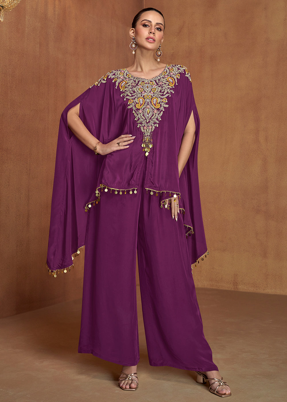 Buy Now Plum Wine Embroidered Kaftan Style Palazzo Suit Online in New York, Newark, Washington, Paris, Brussels, Munich, Dubai, Toronto & Worldwide at Empress.