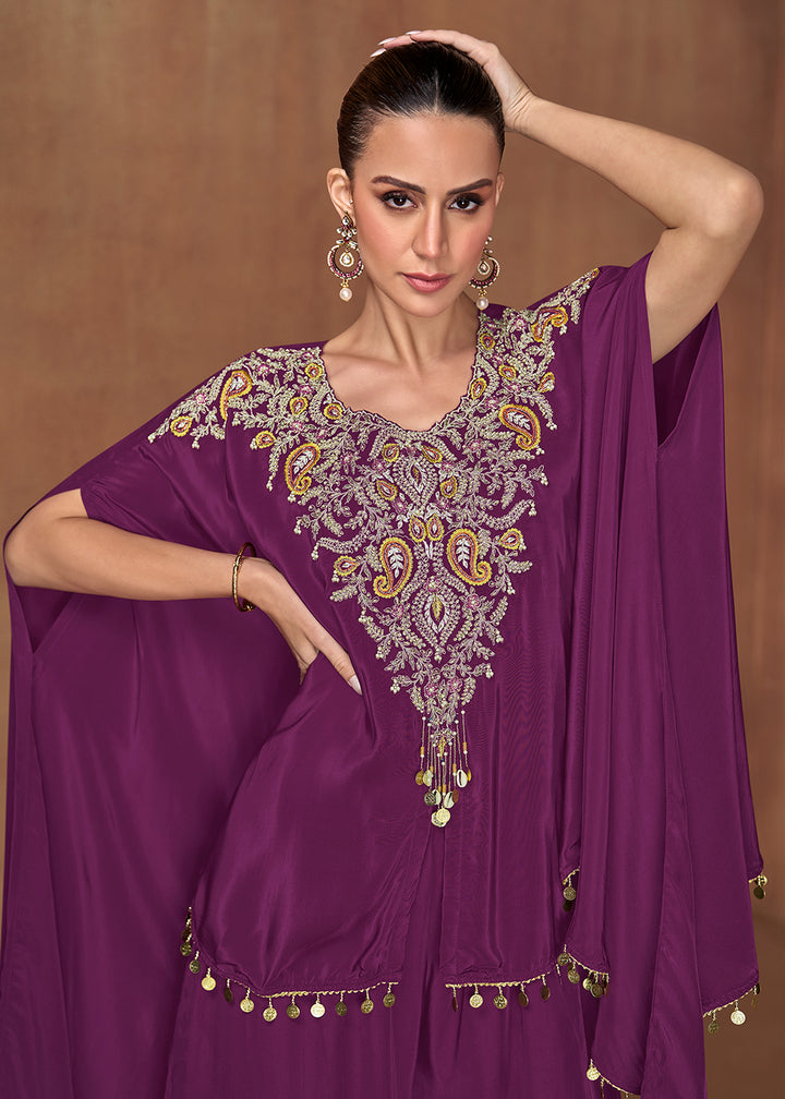 Buy Now Plum Wine Embroidered Kaftan Style Palazzo Suit Online in New York, Newark, Washington, Paris, Brussels, Munich, Dubai, Toronto & Worldwide at Empress.