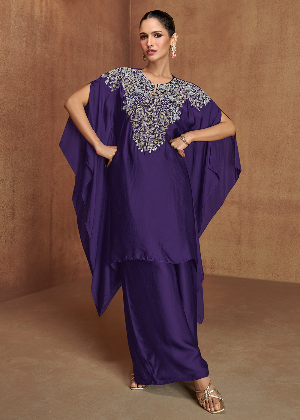 Buy Now Violet Purple Embroidered Kaftan Style Palazzo Suit Online in New York, Newark, Washington, Paris, Brussels, Munich, Toronto & Worldwide at Empress.