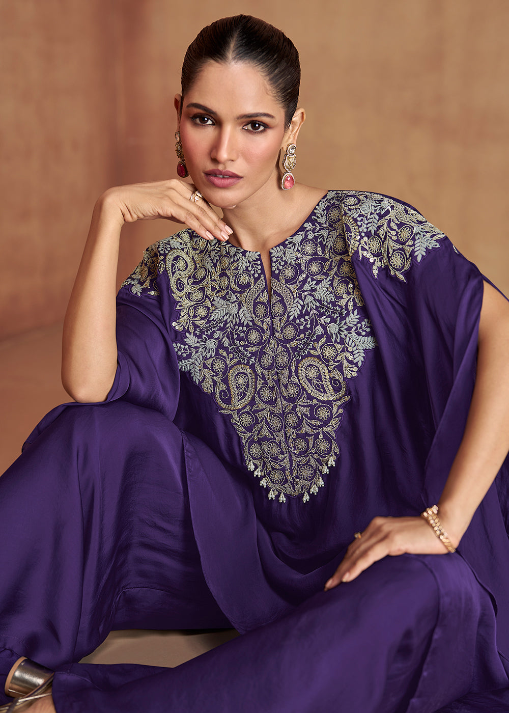 Buy Now Violet Purple Embroidered Kaftan Style Palazzo Suit Online in New York, Newark, Washington, Paris, Brussels, Munich, Toronto & Worldwide at Empress.