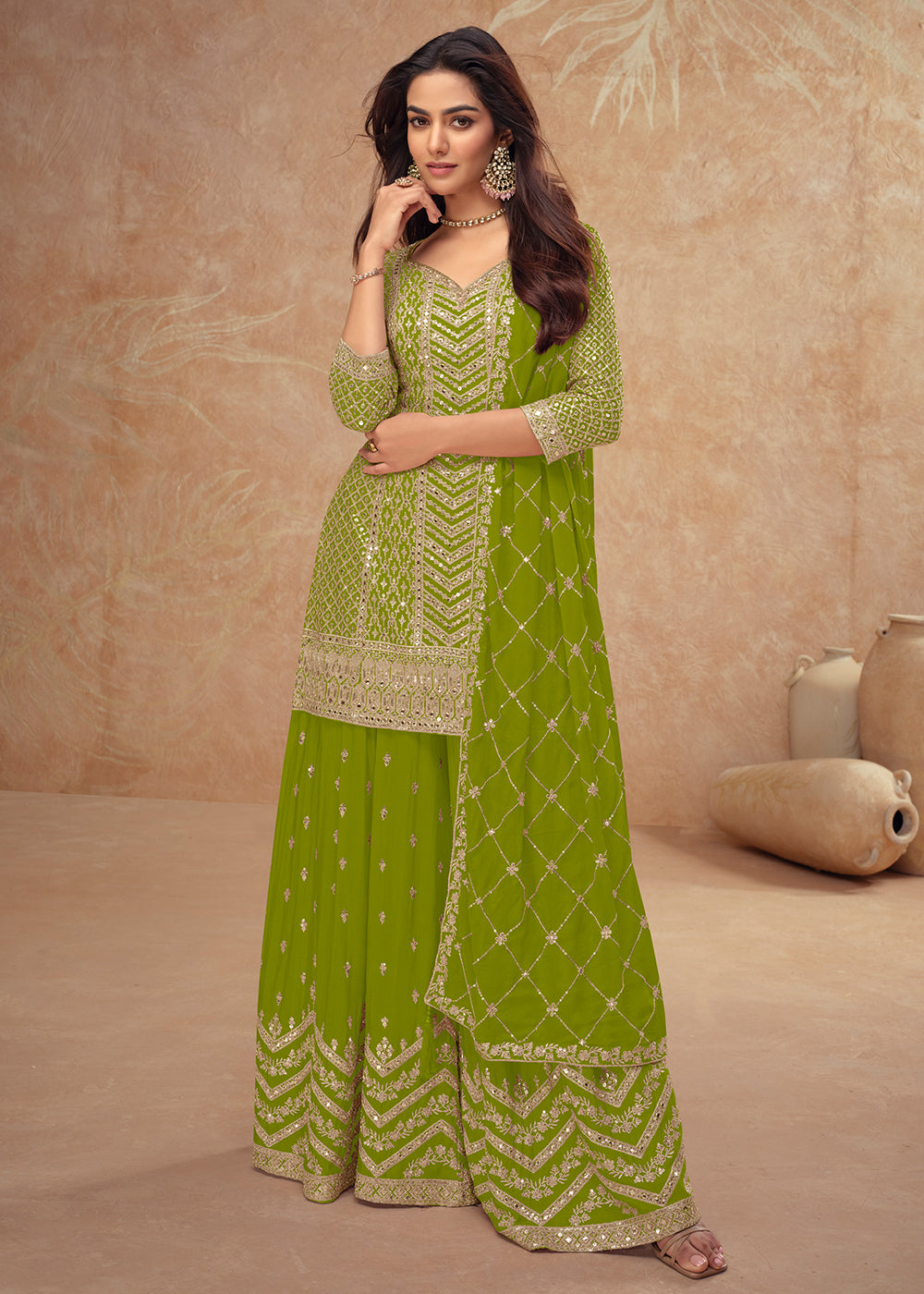 Buy Now Festive Style Green Embroidered Palazzo Dress for Weddings Online in USA, UK, Canada, Germany, Italy, France, Austria, UAE & Worldwide at Empress.