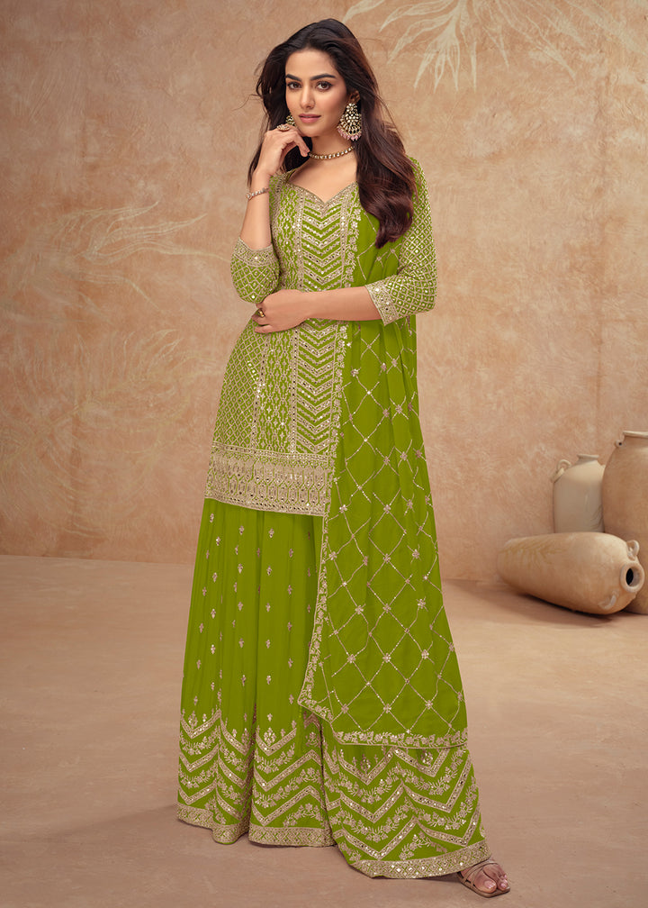 Buy Now Festive Style Green Embroidered Palazzo Dress for Weddings Online in USA, UK, Canada, Germany, Italy, France, Austria, UAE & Worldwide at Empress.