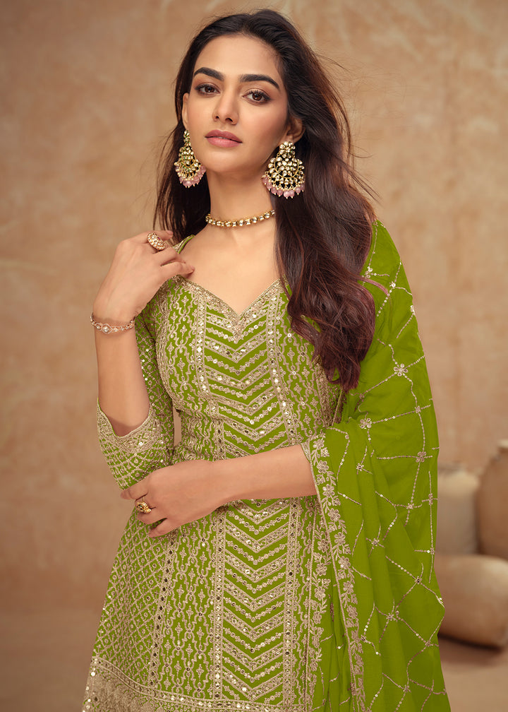 Buy Now Festive Style Green Embroidered Palazzo Dress for Weddings Online in USA, UK, Canada, Germany, Italy, France, Austria, UAE & Worldwide at Empress.