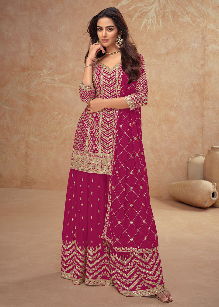 Buy Now Festive Style Pink Embroidered Palazzo Dress for Weddings Online in USA, UK, Canada, Germany, Italy, France, Austria, UAE & Worldwide at Empress.