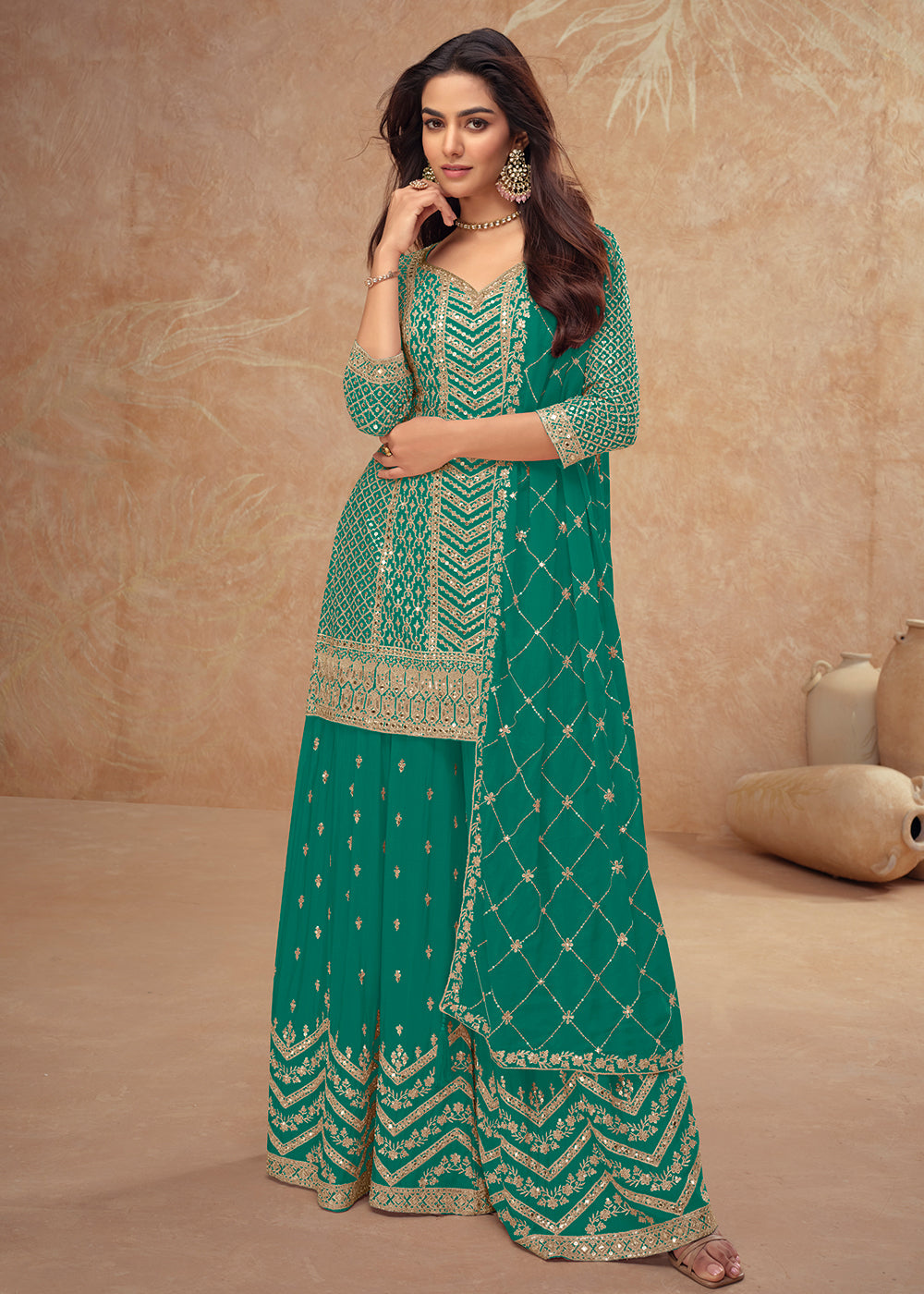Buy Now Festive Style Teal Embroidered Palazzo Dress for Weddings Online in USA, UK, Canada, Germany, Italy, France, Austria, UAE & Worldwide at Empress.