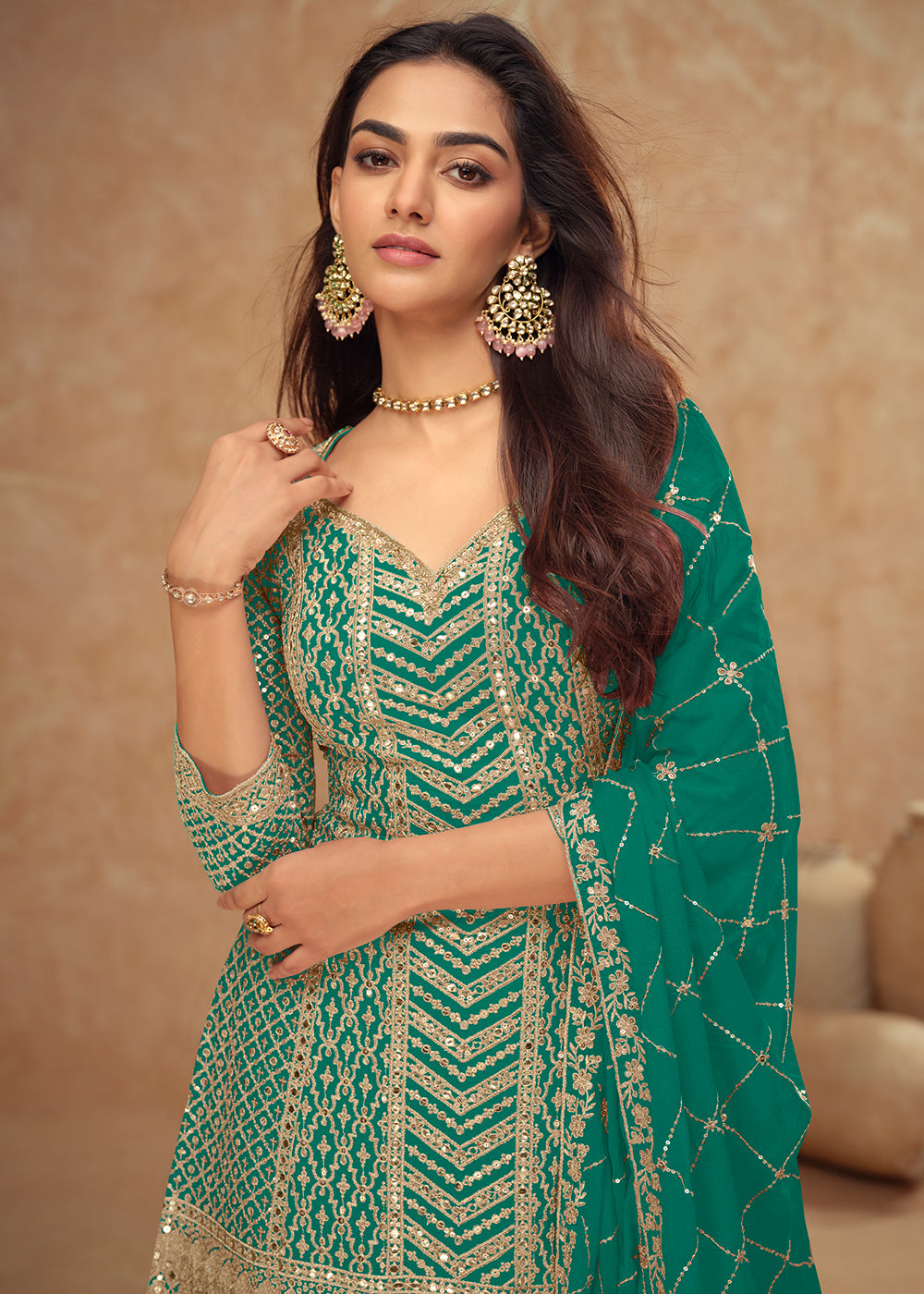 Buy Now Festive Style Teal Embroidered Palazzo Dress for Weddings Online in USA, UK, Canada, Germany, Italy, France, Austria, UAE & Worldwide at Empress.