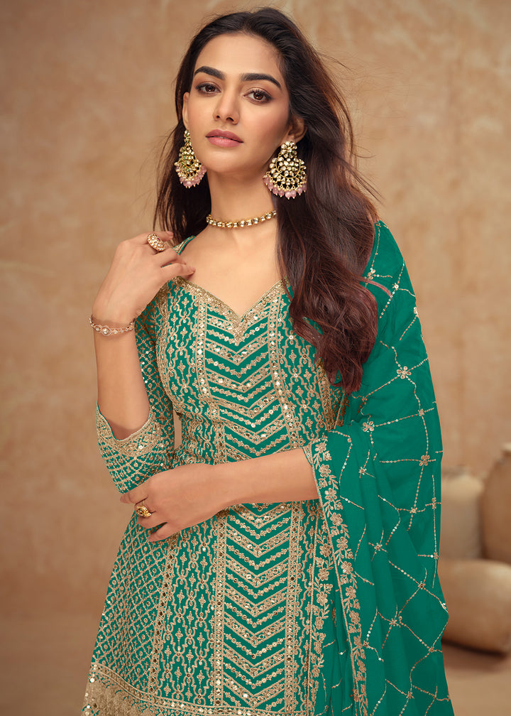 Buy Now Festive Style Teal Embroidered Palazzo Dress for Weddings Online in USA, UK, Canada, Germany, Italy, France, Austria, UAE & Worldwide at Empress.