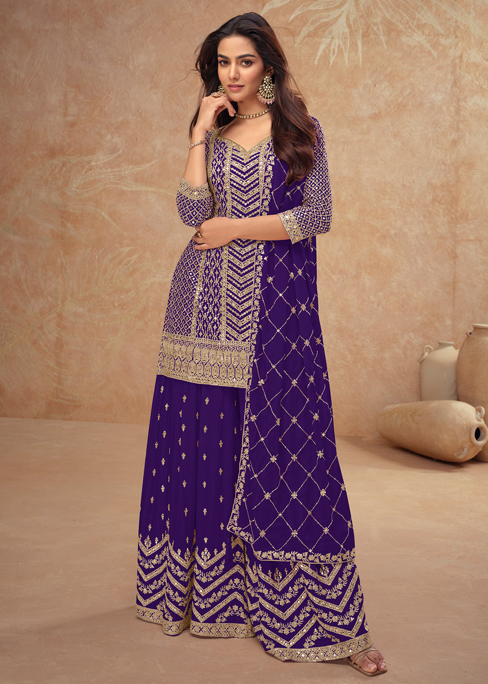 Buy Now Festive Style Purple Embroidered Palazzo Dress for Weddings Online in USA, UK, Canada, Germany, Italy, France, Austria, UAE & Worldwide at Empress.