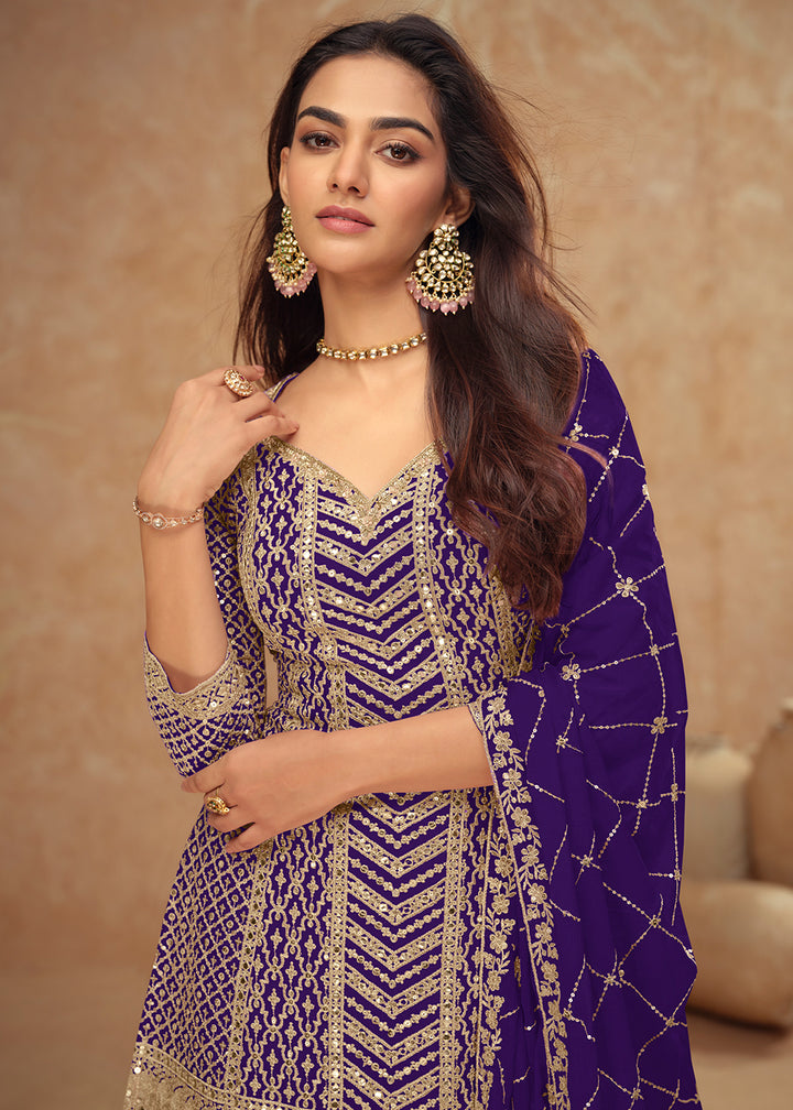 Buy Now Festive Style Purple Embroidered Palazzo Dress for Weddings Online in USA, UK, Canada, Germany, Italy, France, Austria, UAE & Worldwide at Empress.