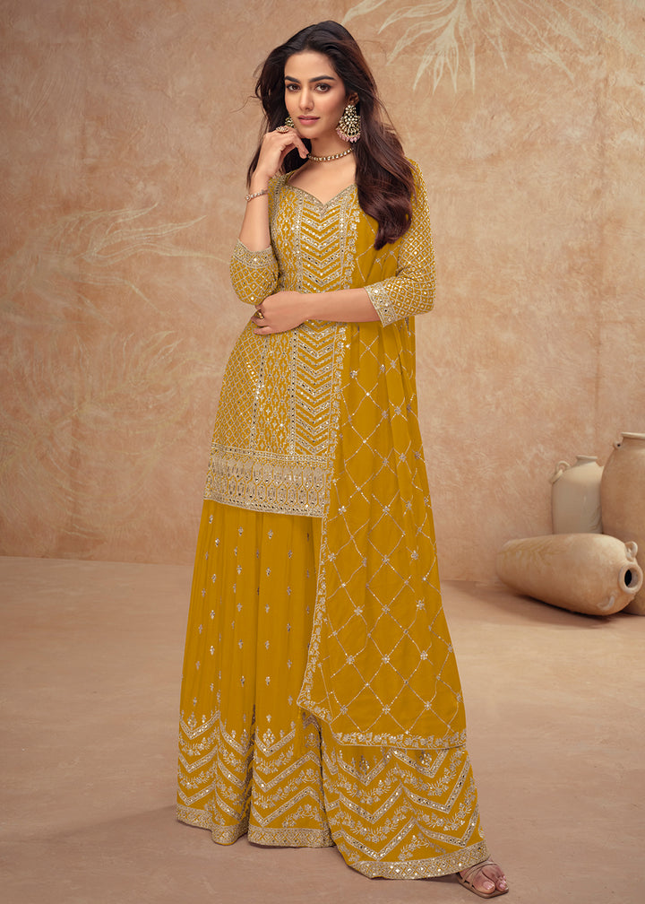 Buy Now Festive Style Yellow Embroidered Palazzo Dress for Weddings Online in USA, UK, Canada, Germany, Italy, France, Austria, UAE & Worldwide at Empress.