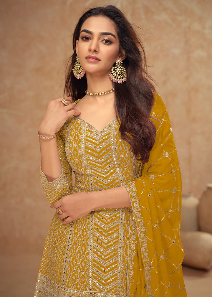 Buy Now Festive Style Yellow Embroidered Palazzo Dress for Weddings Online in USA, UK, Canada, Germany, Italy, France, Austria, UAE & Worldwide at Empress.