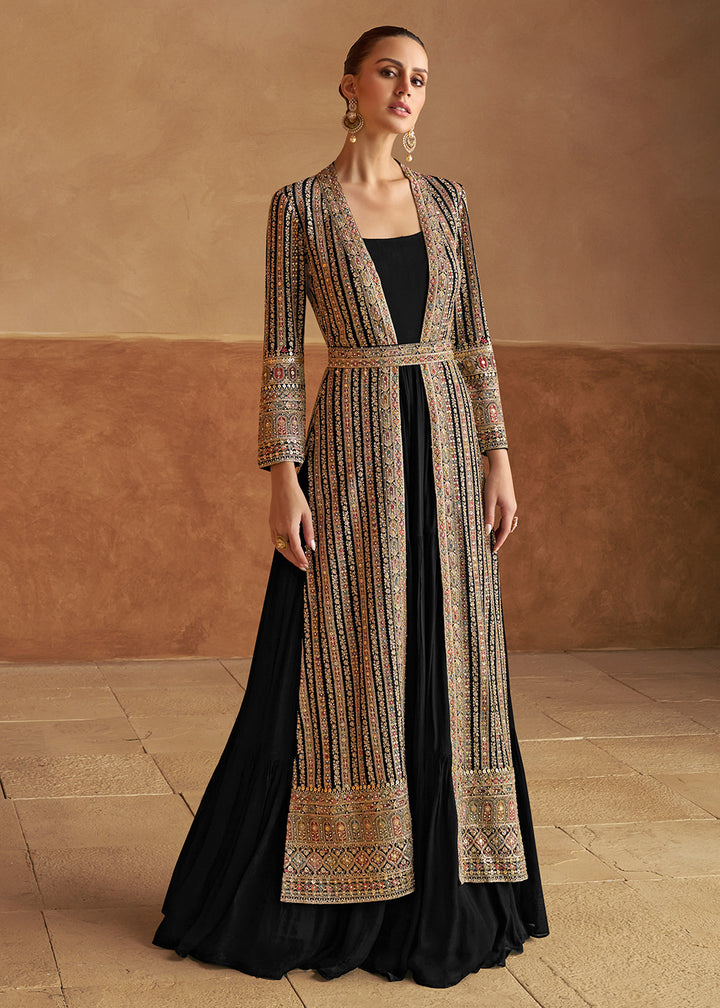 Buy Now Black Real Georgette Jacket Style Anarkali Dress Online in US, UK, Canada, France, Italy, Sweden, Ireland, UAE, Denmark, UAE & Worldwide at Empress.
