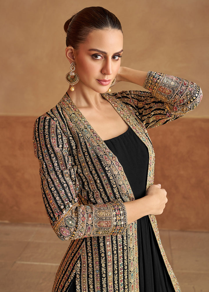 Buy Now Black Real Georgette Jacket Style Anarkali Dress Online in US, UK, Canada, France, Italy, Sweden, Ireland, UAE, Denmark, UAE & Worldwide at Empress.
