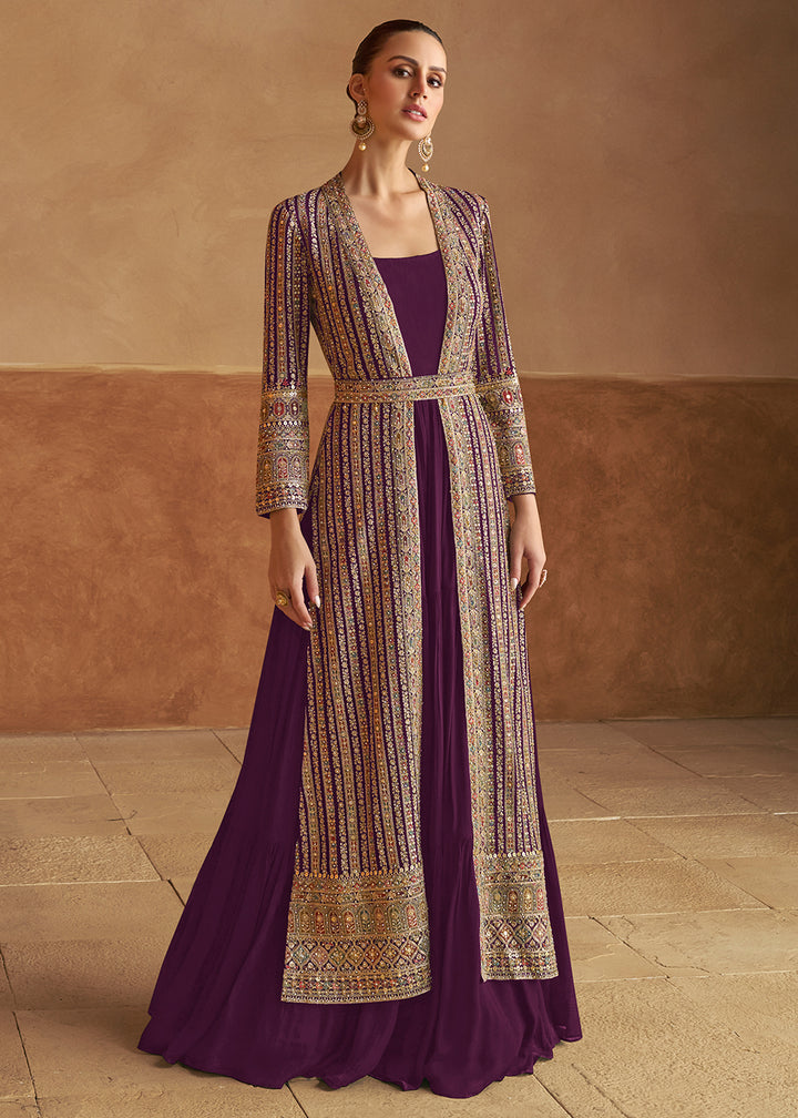 Buy Now Wine Real Georgette Jacket Style Anarkali Dress Online in US, UK, Canada, France, Italy, Sweden, Ireland, UAE, Denmark, UAE & Worldwide at Empress.