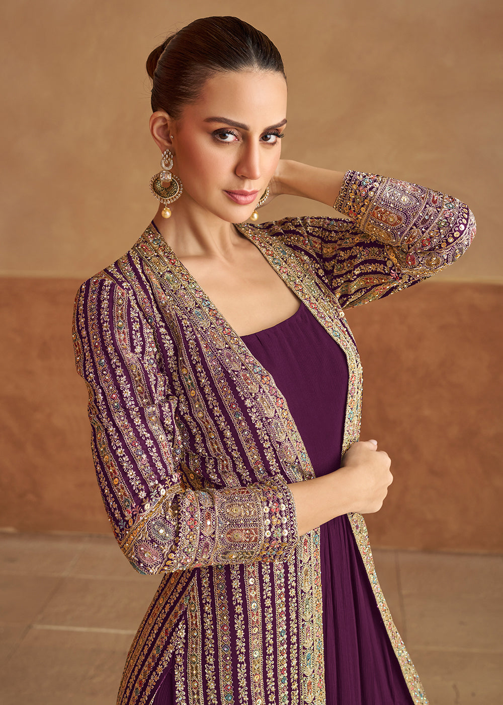 Buy Now Wine Real Georgette Jacket Style Anarkali Dress Online in US, UK, Canada, France, Italy, Sweden, Ireland, UAE, Denmark, UAE & Worldwide at Empress.