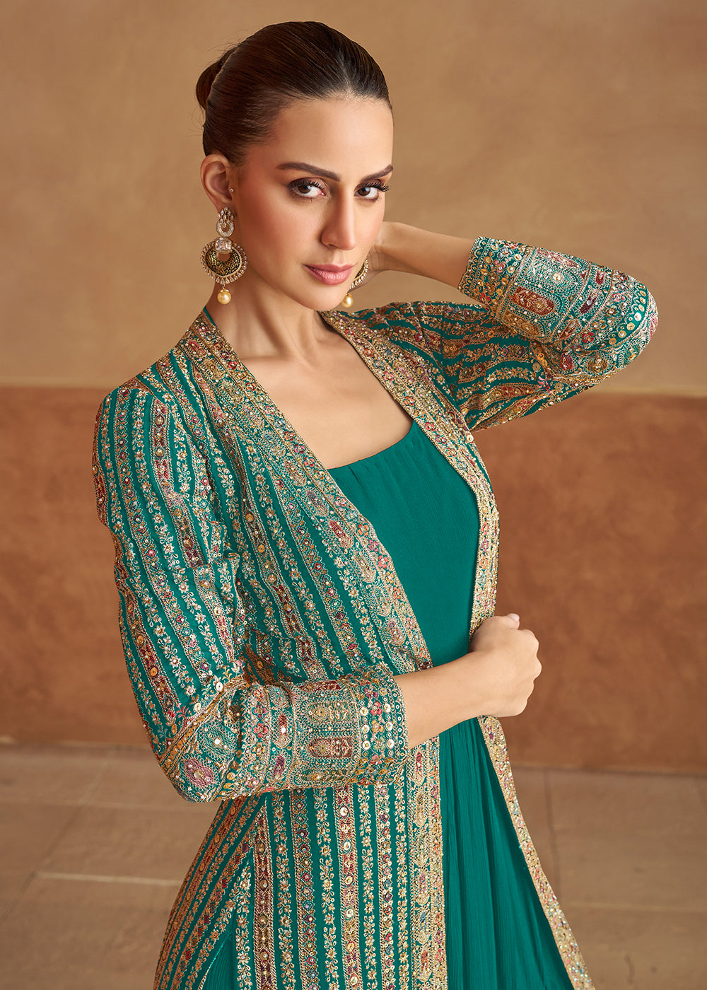 Buy Now Teal Real Georgette Jacket Style Anarkali Dress Online in US, UK, Canada, France, Italy, Sweden, Ireland, UAE, Denmark, UAE & Worldwide at Empress.