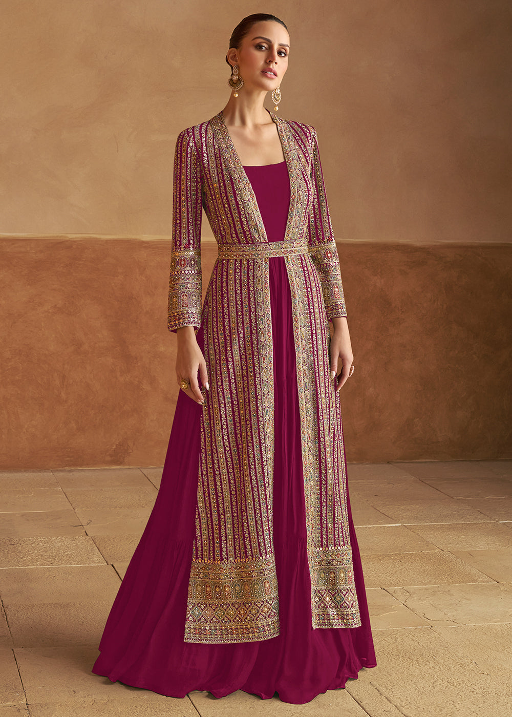 Buy Now Burgundy Real Georgette Jacket Style Anarkali Dress Online in US, UK, Canada, France, Italy, Sweden, Ireland, UAE, Denmark, UAE & Worldwide at Empress.