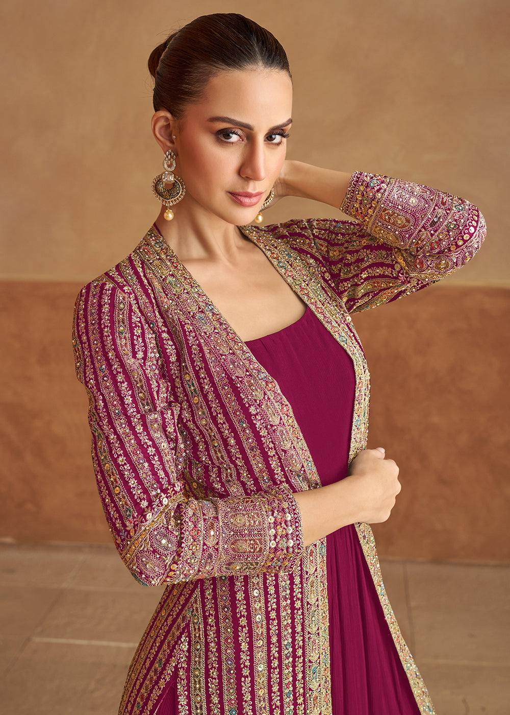 Buy Now Burgundy Real Georgette Jacket Style Anarkali Dress Online in US, UK, Canada, France, Italy, Sweden, Ireland, UAE, Denmark, UAE & Worldwide at Empress.