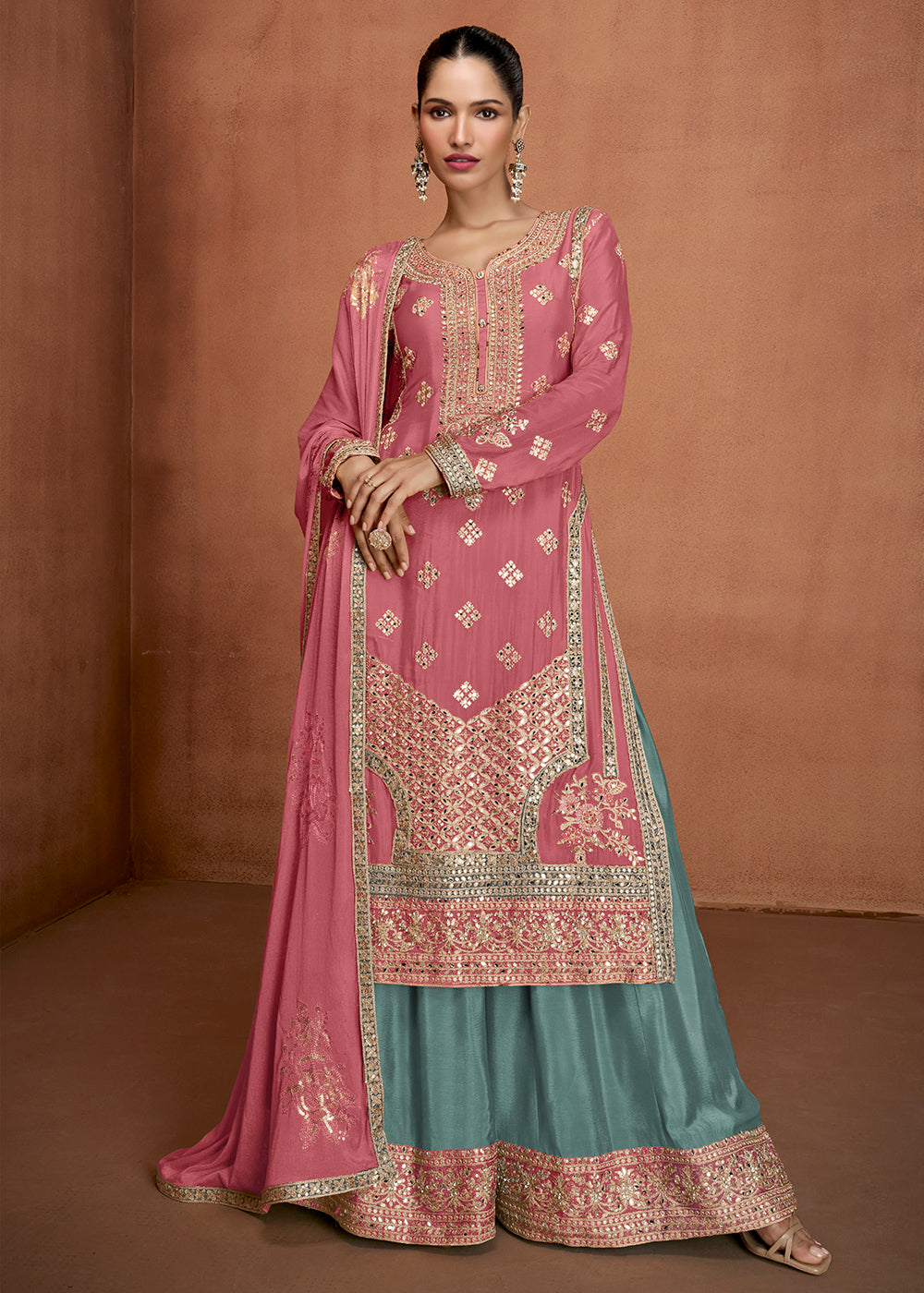 Buy Now Pink & Teal Indian Wedding Wear Palazzo Style Suit Online in US, UK, Canada, Germany, Italy, France, Austria, Australia, UAE & Worldwide at Empress.
