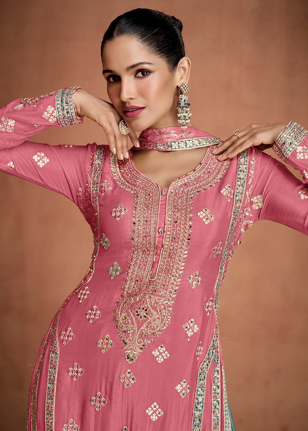Buy Now Pink & Teal Indian Wedding Wear Palazzo Style Suit Online in US, UK, Canada, Germany, Italy, France, Austria, Australia, UAE & Worldwide at Empress.