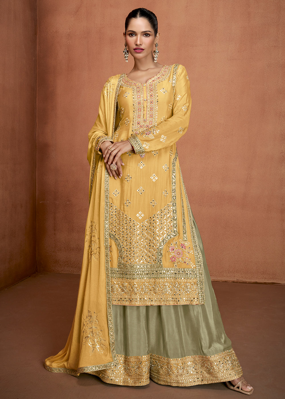 Buy Now Yellow & Green Indian Wedding Wear Palazzo Style Suit Online in US, UK, Canada, Germany, Italy, France, Austria, Australia, UAE & Worldwide at Empress.