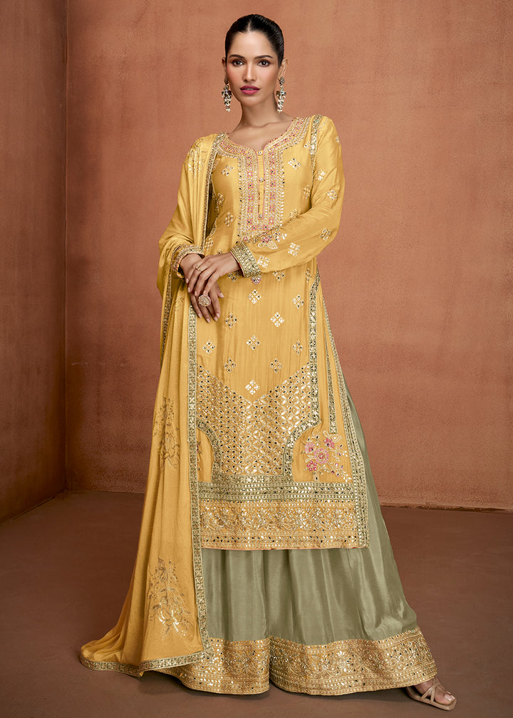 Buy Now Yellow & Green Indian Wedding Wear Palazzo Style Suit Online in US, UK, Canada, Germany, Italy, France, Austria, Australia, UAE & Worldwide at Empress.