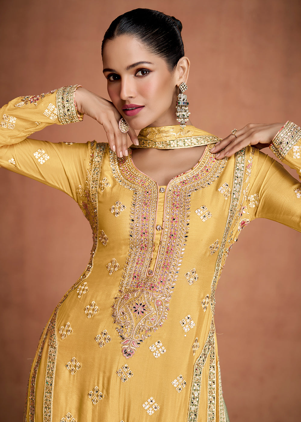 Buy Now Yellow & Green Indian Wedding Wear Palazzo Style Suit Online in US, UK, Canada, Germany, Italy, France, Austria, Australia, UAE & Worldwide at Empress.